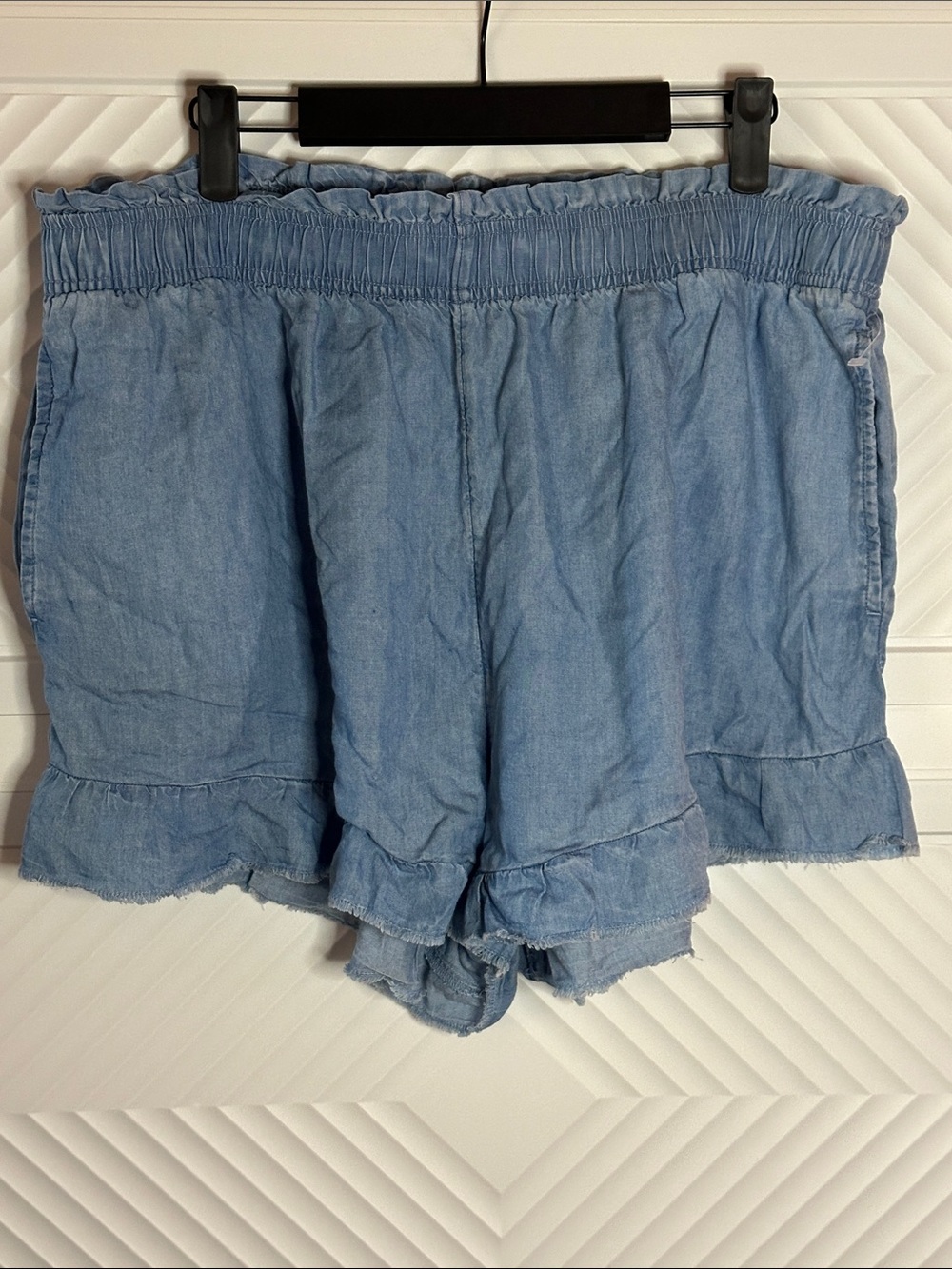 aerie Light Blue Chambray Ruffle-Hem Shorts